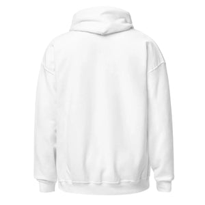 Back view of unisex white heavy blend hoodie with drawstring hood and ribbed cuffs