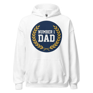 White unisex hoodie with 'Number 1 Dad' text and gold laurel graphic on the front