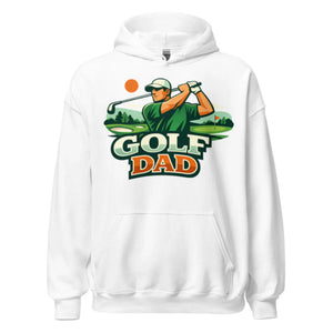 White unisex hoodie with 'Golf Dad' graphic and golfer illustration on the front