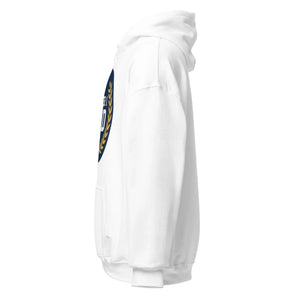 White unisex hoodie with front graphic and kangaroo pocket, side view