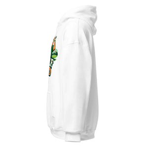 White unisex hoodie with colorful graphic design, side view, front pocket, hooded sweatshirt