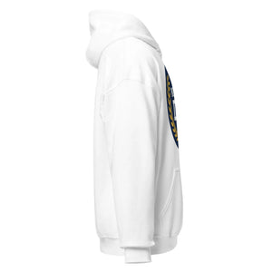 Unisex white hoodie, right side view, with partial blue and gold circular graphic on back.