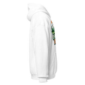 Unisex white hoodie with colorful green and orange graphic design, side view