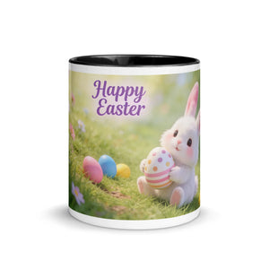 White ceramic mug with black interior, featuring a cute bunny holding an Easter egg, colorful eggs, and 'Happy Easter' text.