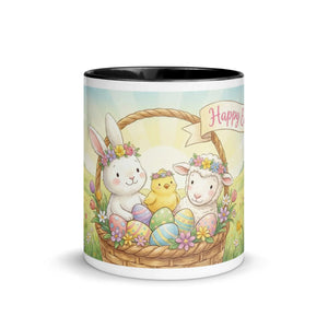 White ceramic mug with black interior featuring cute Easter basket, bunny, chick, lamb, and colorful eggs