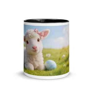 White ceramic mug with black interior featuring a cute lamb with pink bow and Easter egg design