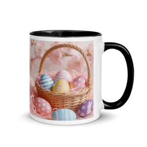 White ceramic mug with black handle and rim, featuring a basket of colorful decorated Easter eggs