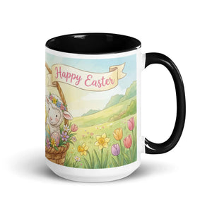 White ceramic mug with black interior and handle, featuring Easter lamb and flowers illustration