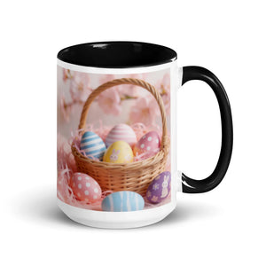 White ceramic mug with black handle, featuring a colorful Easter egg basket design