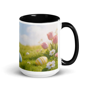 White ceramic mug with black interior and Easter-themed floral and egg design