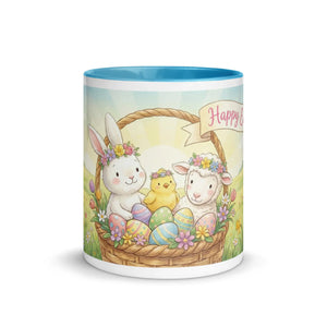 White ceramic mug with blue interior featuring Easter basket, bunny, chick, lamb, and colorful eggs.