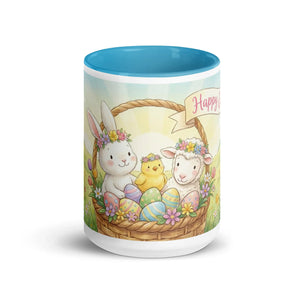 White ceramic mug with blue interior, featuring cute bunny, chick, and lamb in Easter basket with eggs.