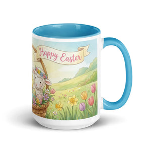White ceramic mug with blue handle, Happy Easter text, lamb in basket, spring flowers