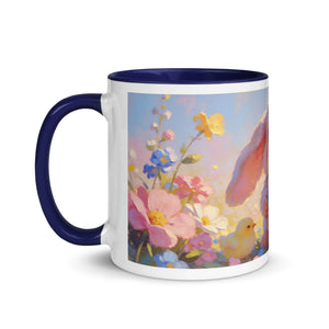 White ceramic mug with dark blue handle, featuring bunny, chick, and spring flowers artwork