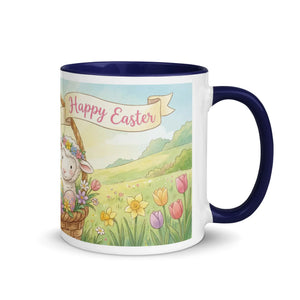 White ceramic mug with dark blue handle, inner color, and a cute Happy Easter lamb design.