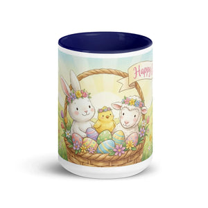 White ceramic mug with dark blue interior, featuring cute bunny, chick, and lamb in Easter basket with colorful eggs and flowers.