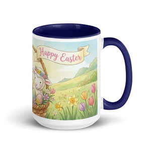 White ceramic mug with dark blue interior and handle, Easter lamb and spring flowers design