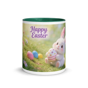 White ceramic mug with green interior, featuring a cute bunny, Easter eggs, and 'Happy Easter' text
