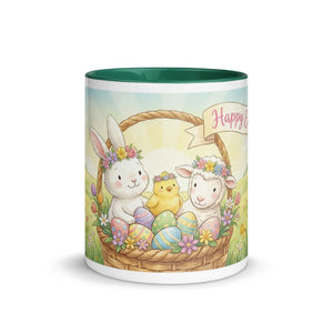White ceramic mug with dark green interior featuring cute bunny, chick, lamb, and Easter eggs design