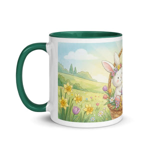 White ceramic mug with green handle and interior, featuring a cute bunny in a spring flower meadow design