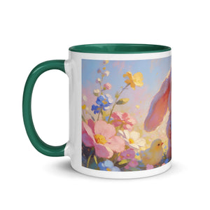 White ceramic mug with dark green handle and interior, featuring floral art, bunny ear, and chick