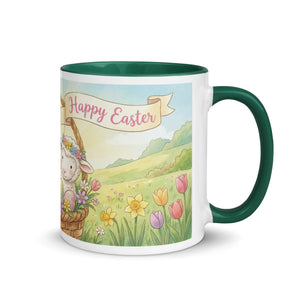 White ceramic mug with dark green handle and inner rim, featuring a Happy Easter design with a lamb, flowers, and pastel landscape illustration.