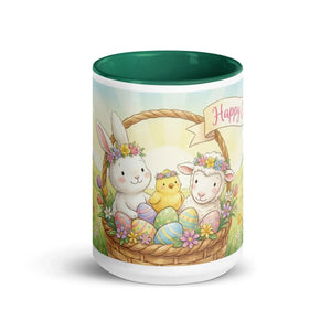 White ceramic mug with dark green interior, featuring cute bunny, chick, and lamb Easter design.