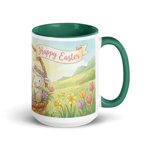 White ceramic mug with dark green interior and handle featuring a Happy Easter lamb and spring flowers design.
