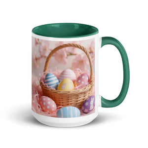 White ceramic mug with dark green interior and handle, Easter egg basket print