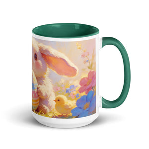 White ceramic mug with dark green interior, featuring a cute bunny, chick, and spring flowers.