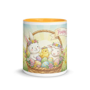 White ceramic mug with yellow interior, Easter bunny, chick, and lamb graphic with floral basket.