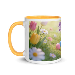 White ceramic mug with golden yellow handle and interior, floral Easter garden print