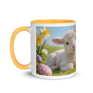 White ceramic mug with yellow handle and inside, featuring a spring lamb, daffodils, and Easter eggs.