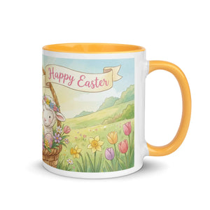 White ceramic mug with golden yellow handle and interior, Easter lamb and spring flowers design