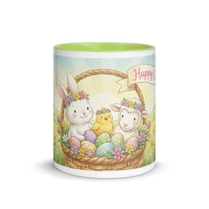 White ceramic mug with green interior, Easter bunny, chick, lamb, eggs, and spring flowers