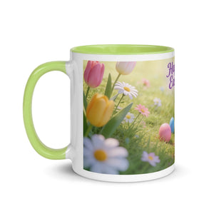 White ceramic mug with green handle and interior, featuring tulips, daisies, and Easter eggs.