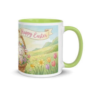 White ceramic mug with green handle, Easter lamb illustration, tulips, and 'Happy Easter' text