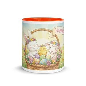 White ceramic mug with orange interior, Easter basket graphic featuring bunny, chick, lamb, pastel eggs, and flowers