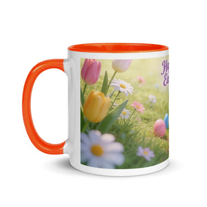 White ceramic mug with orange handle and rim, floral and Easter egg design, 11 oz