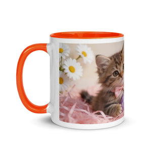 White ceramic mug with orange handle and interior, kitten and daisies print, 11 oz