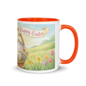White ceramic mug with orange handle and rim, featuring Easter design with lamb, flowers, and 'Happy Easter' text.