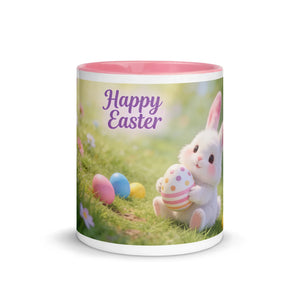 White ceramic mug with pink interior featuring a cute bunny, Easter eggs, and 'Happy Easter' text.