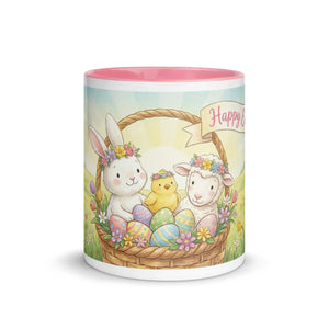 White ceramic mug with pink interior featuring Easter bunny, lamb, chick, and colorful eggs in a basket