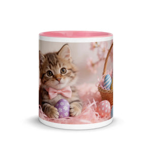 White ceramic mug with pink interior featuring kitten with bow tie and Easter eggs design