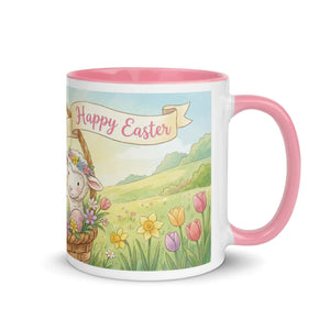 White ceramic mug with pink handle and interior, Easter lamb and spring flowers design