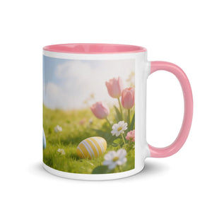 White ceramic mug with pink handle and interior, featuring Easter eggs and spring flowers design