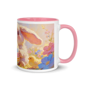 White ceramic mug with pink interior, featuring a bunny, chick, and colorful flowers design