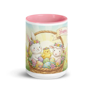 White ceramic mug with pink interior featuring an Easter basket with bunny, chick, lamb, and decorated eggs