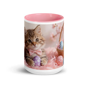White ceramic mug with pink interior featuring a kitten with a bow tie and Easter eggs.
