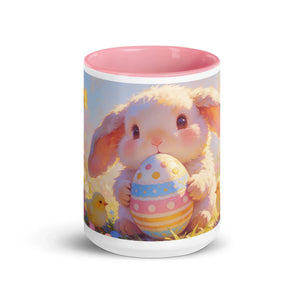 White ceramic mug with pink interior featuring a cute bunny holding a colorful Easter egg